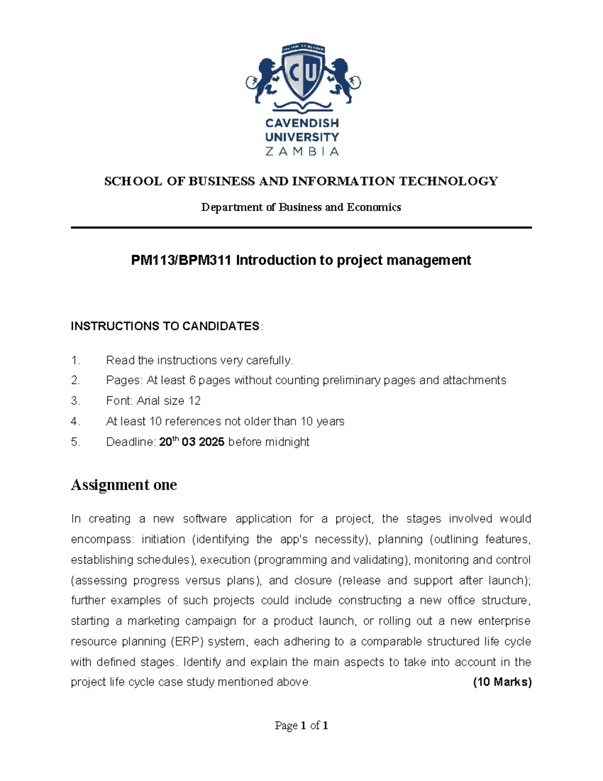 PM113BPM311 Introduction to project management assignment - SCHOOL OF ...