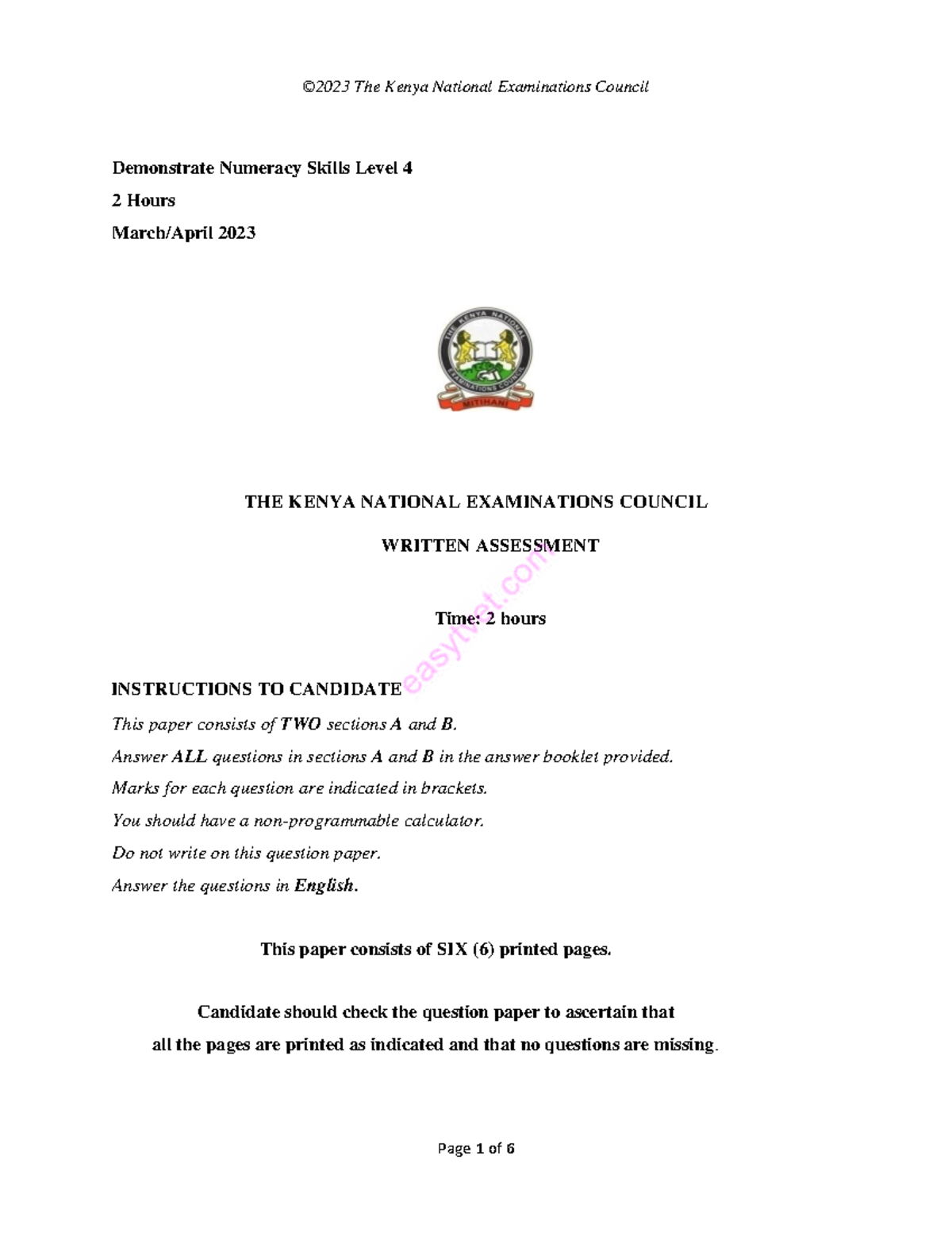 Kenya National Examinations Council Numeracy Skills Level 4 - 2023 Exam ...