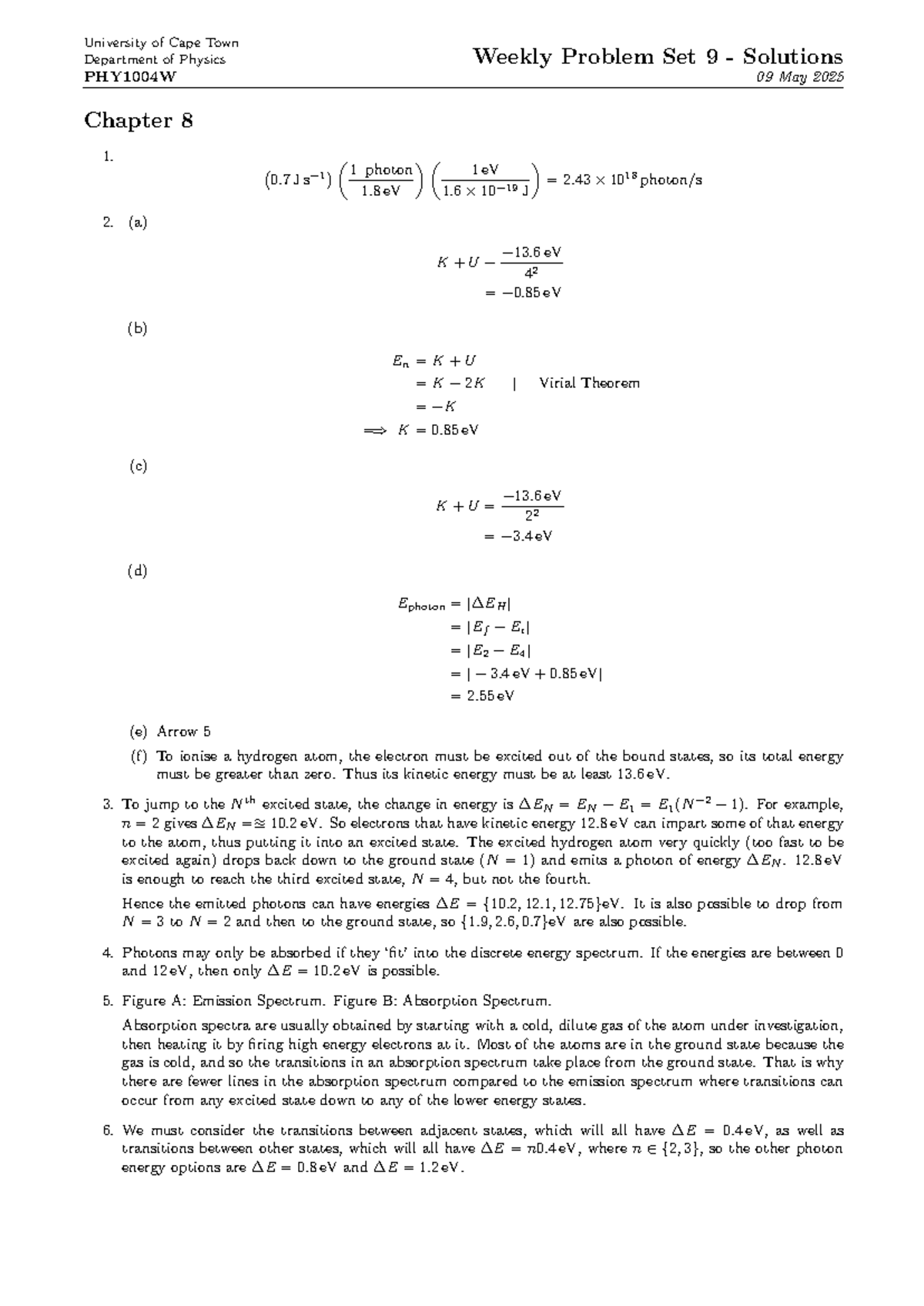 PHY1004W Weekly Problem Set 9 Solutions - May 2025 - Studocu