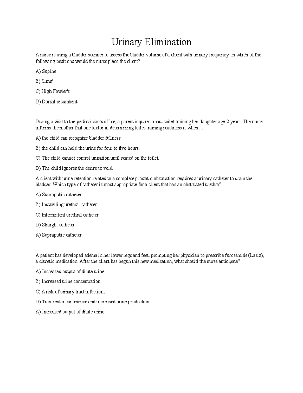 Urinary Elimination Study Questions - Nursing Exam Prep (NUR 101) - Studocu