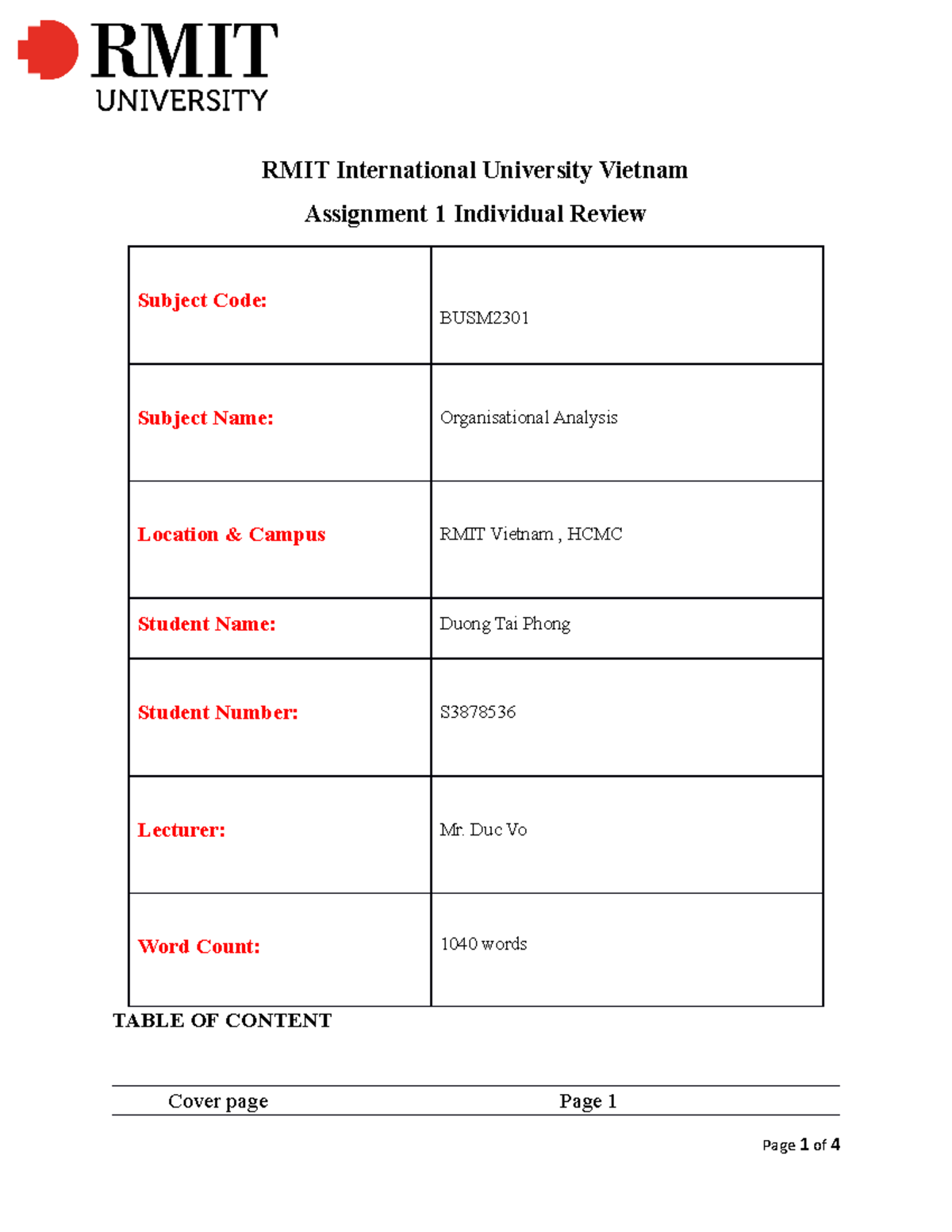 BUSM2301 Assignment 1 Phong s3878536 1 - RMIT International University ...