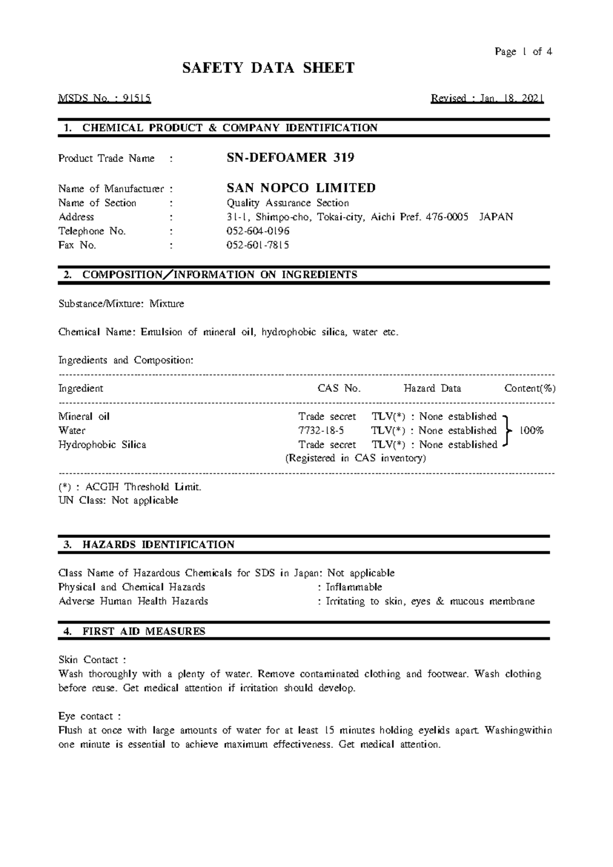 319MSDS - Safety Data Sheet for Chemical Product 91515 - Studocu