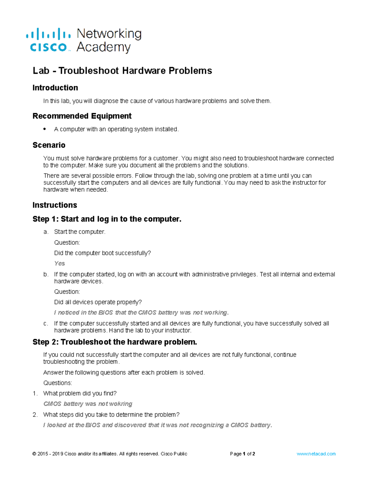 Lab 4.2 - Troubleshooting Hardware Issues and Solutions - Studocu