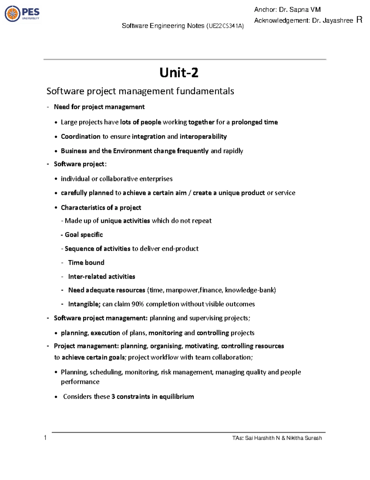 SE Unit 2 Notes - Unit- Software project management fundamentals - Need ...
