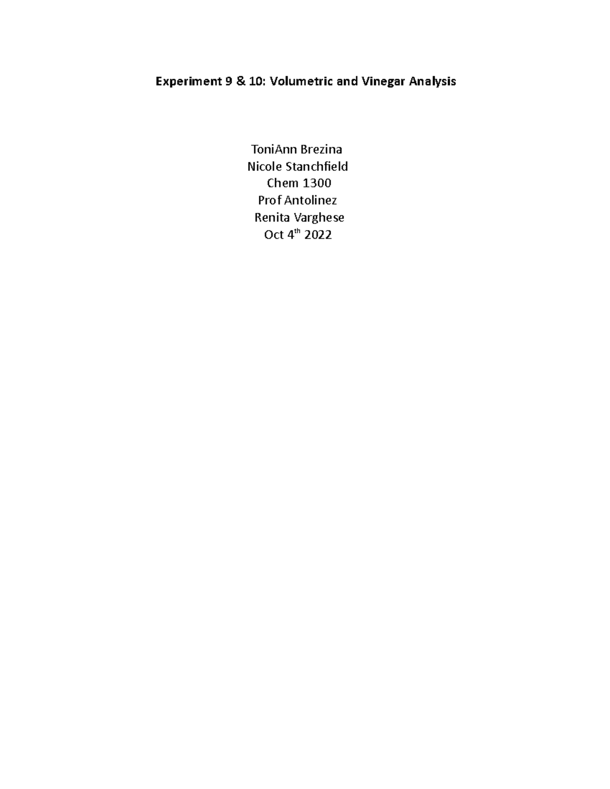 Chem 1300: Post Lab Analysis of Experiments 9 & 10 on Vinegar - Studocu