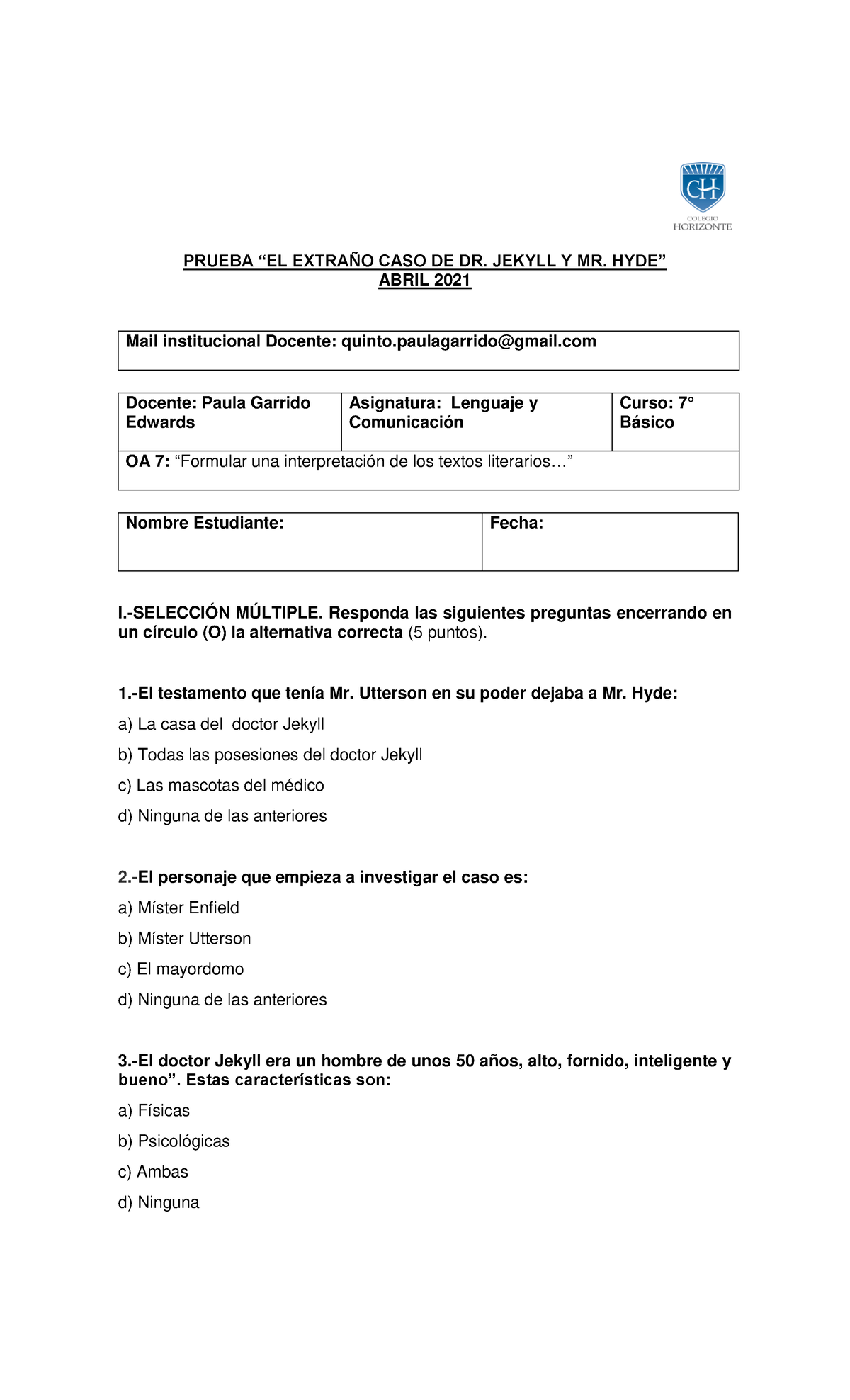 7° Prueba de Lenguaje y Comunicación: Dr. Jekyll y Mr. Hyde - Document Preview