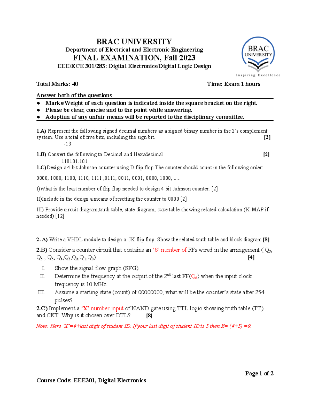 EEE301 Final Exam Fall 2023 - Digital Electronics Details - Studocu