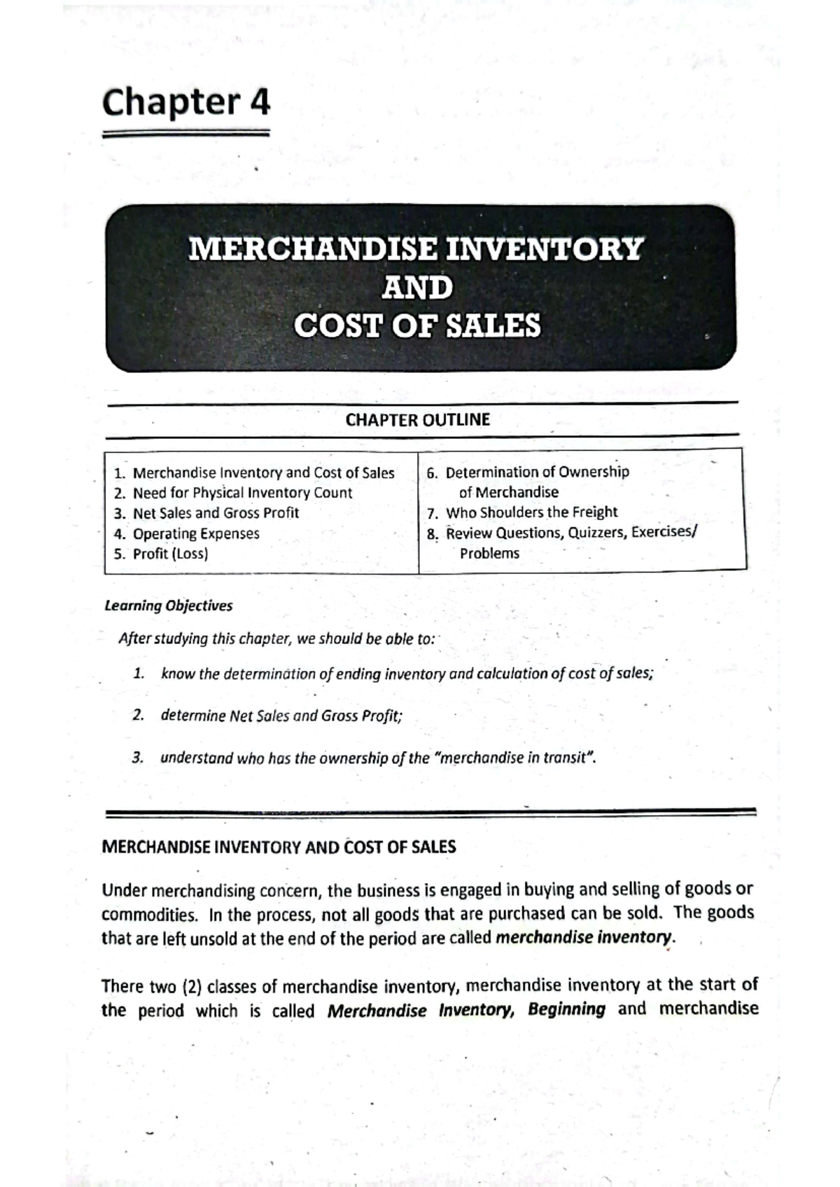 Chapter-4 - MATERIALS - Chapter 4 MERCHANDISE INVENTORY AND COST OF ...