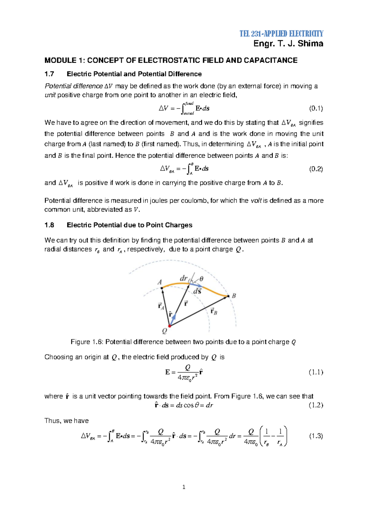 TEL 231 Module 1b - Electric Potential and Capacitance Concepts - Studocu