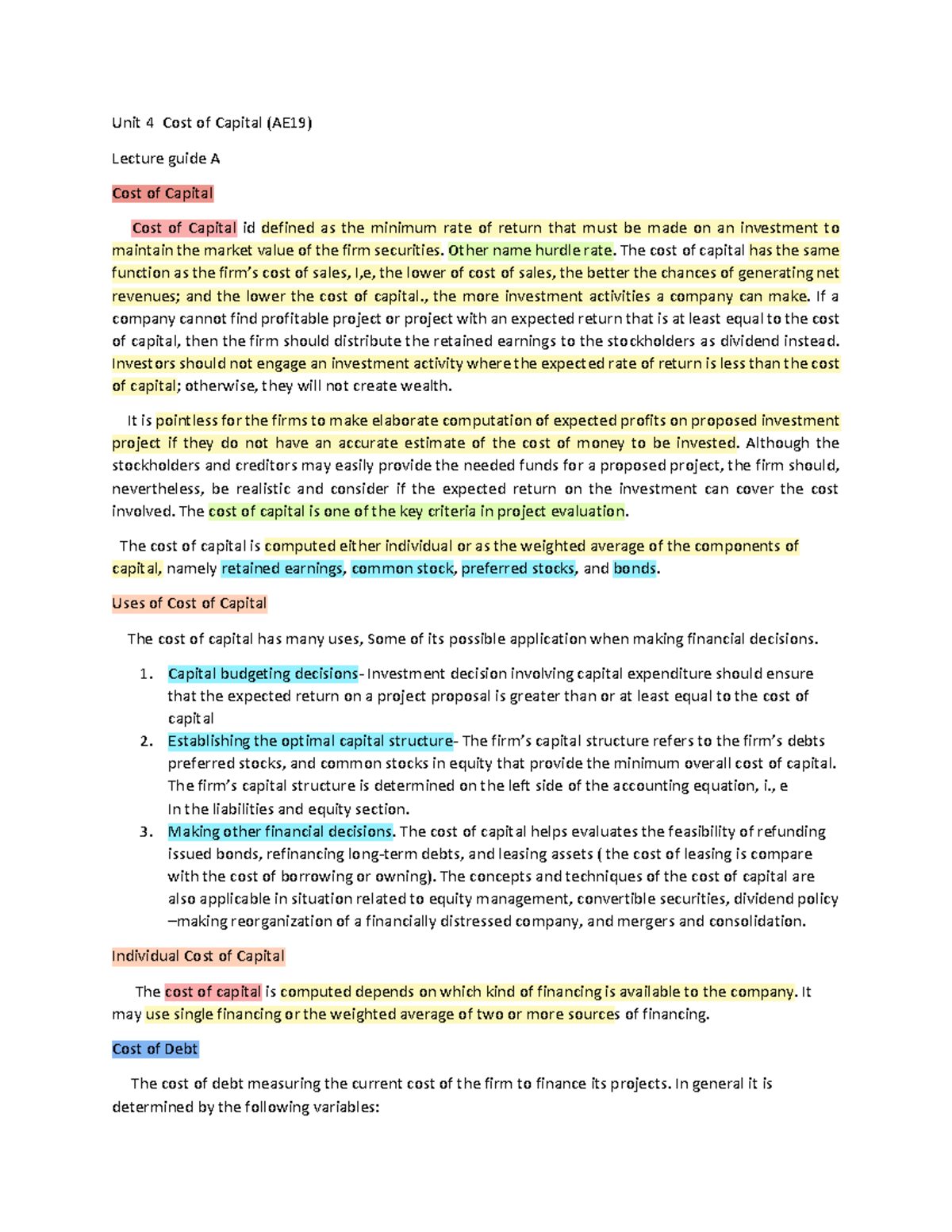 Lecture Guide A Unit 4 Cost of Capital - Unit 4 Cost of Capital (AE19 ...