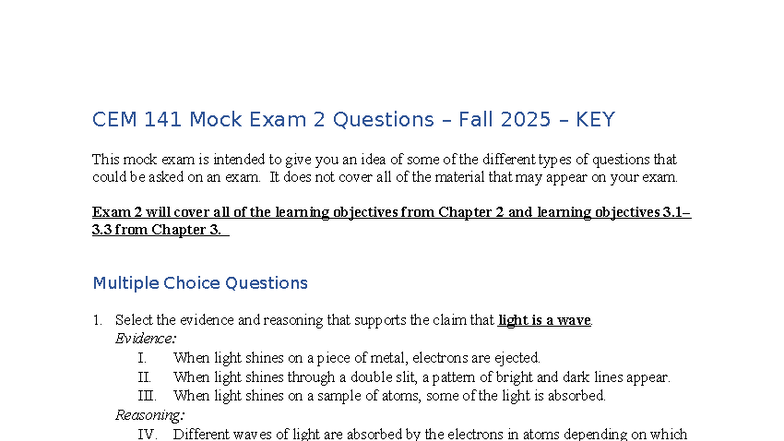 CEM 141 Mock Exam 2 Questions & Answers Key - Fall 2025 - Studocu