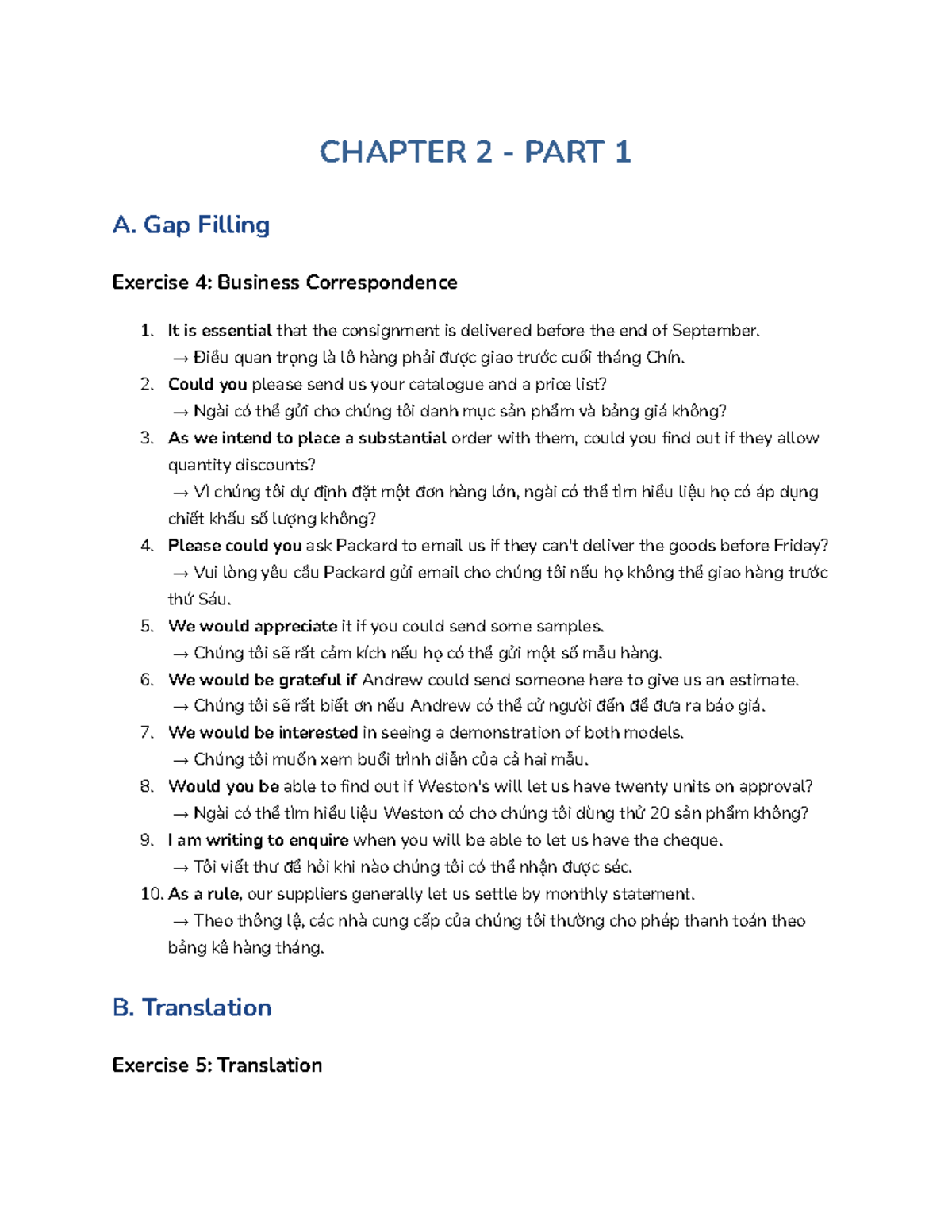 CHAPTER 2 - PART 1: Business Correspondence Exercises - Studocu
