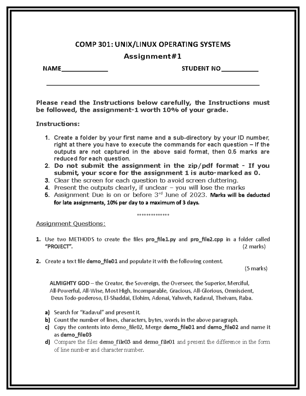 COMP 301: UNIX/LINUX Assignment #1 - Task Instructions and Questions ...