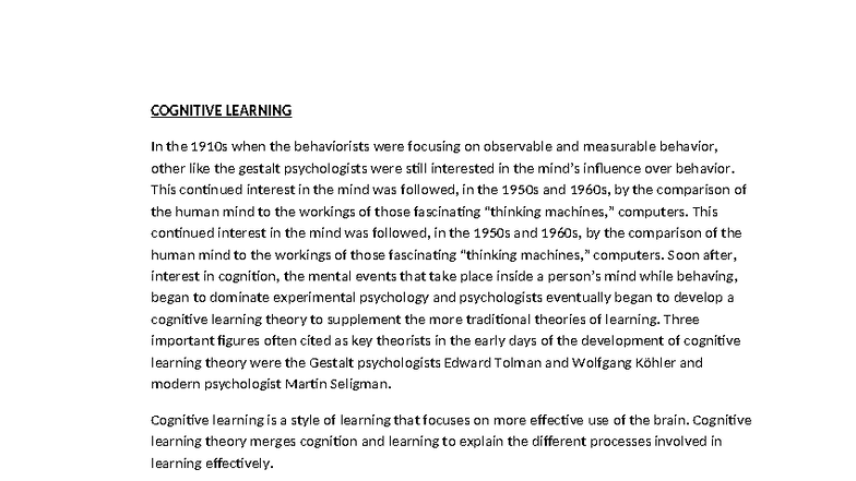 Cognitive Learning Theory: Key Concepts and Experiments - Studocu