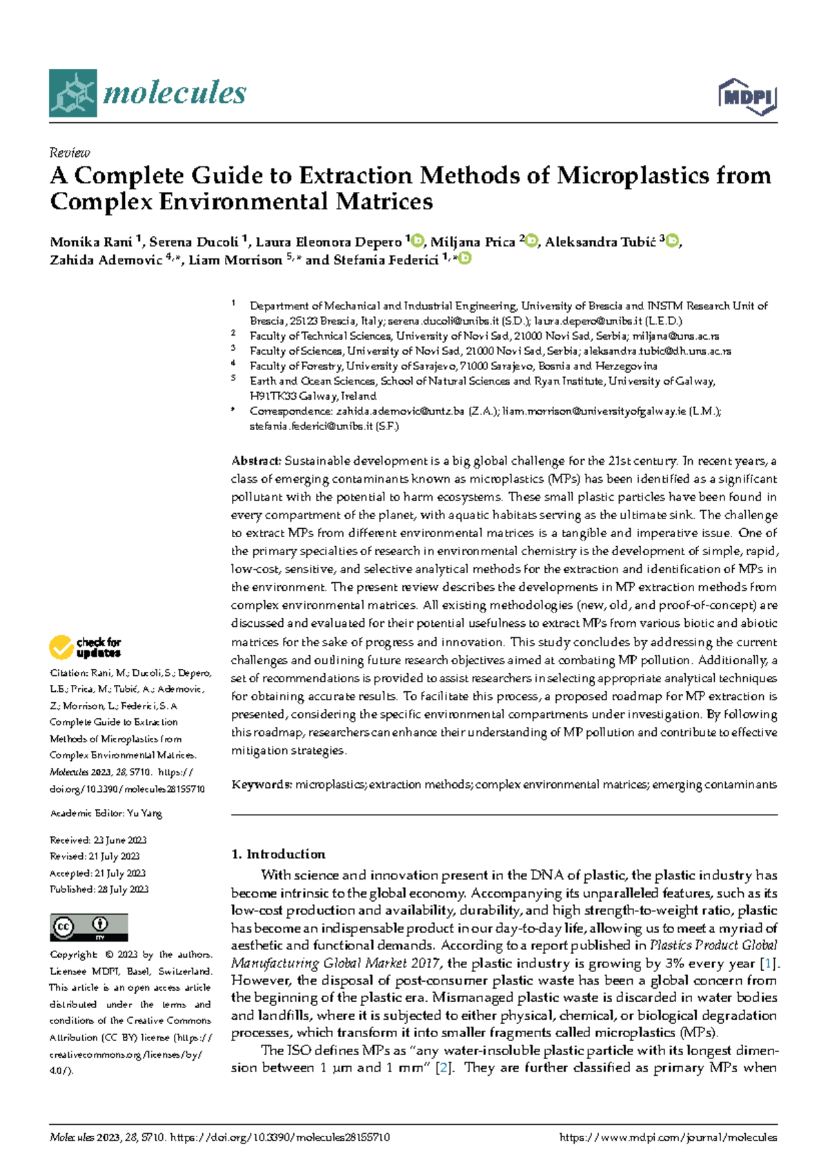 Extraction Methods of Microplastics from Environmental Matrices: A ...