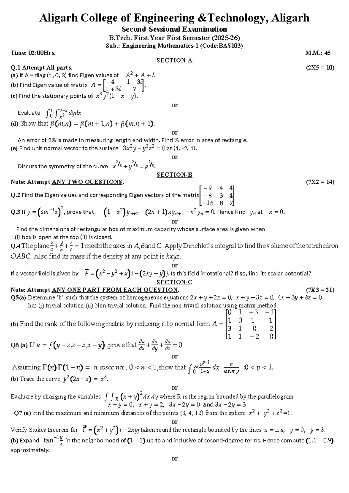 B.Tech. BAS103 Engineering Second Sessional Exam Practice Paper 2025 ...