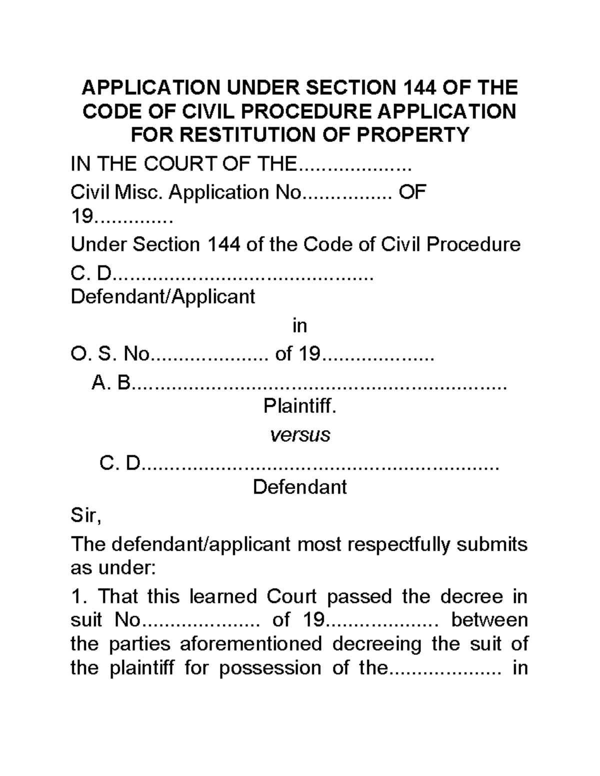 Application for Restitution of Property Under Section 144 CPC - Studocu