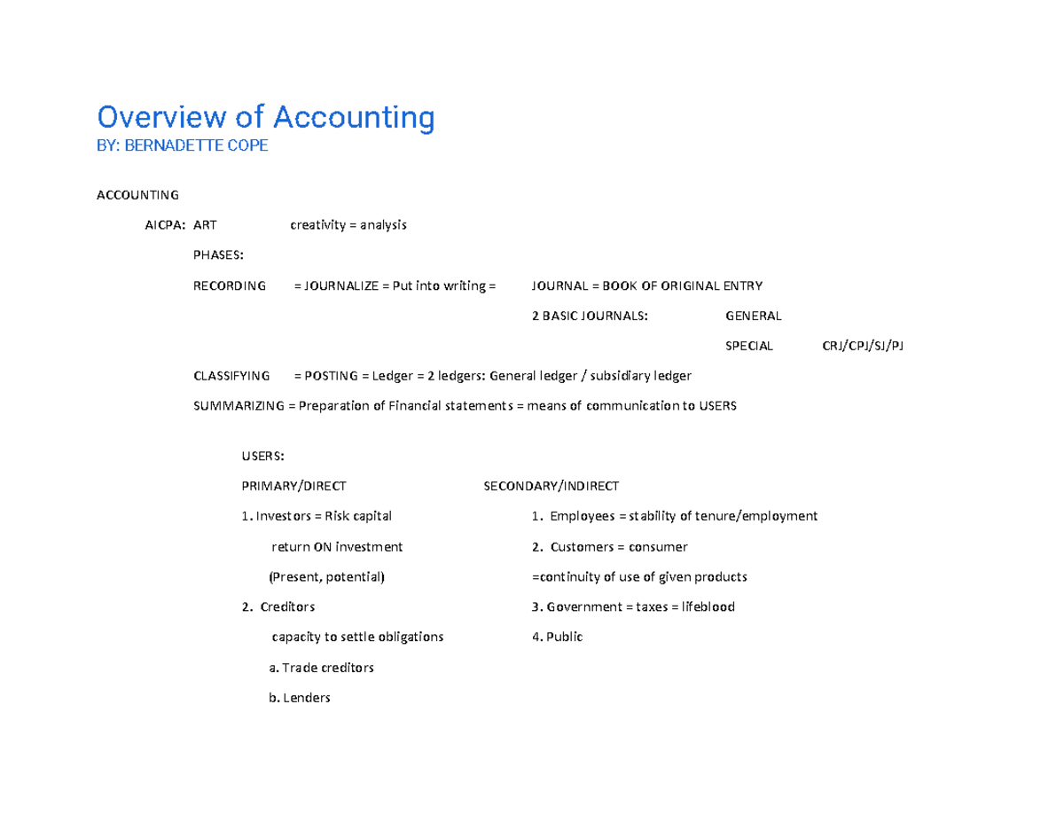 Acrev 421 Lecture: Key Concepts and Phases of Accounting - Studocu
