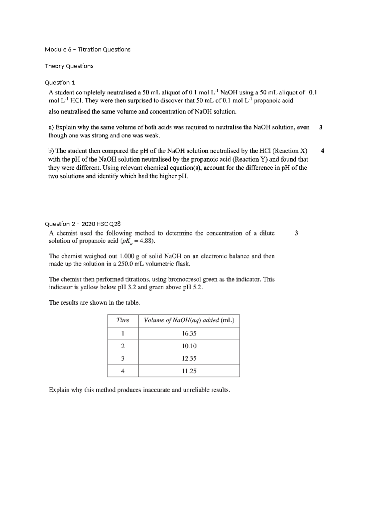 Titration Practice Questions Module 6 - Module 6 – Titration Questions ...