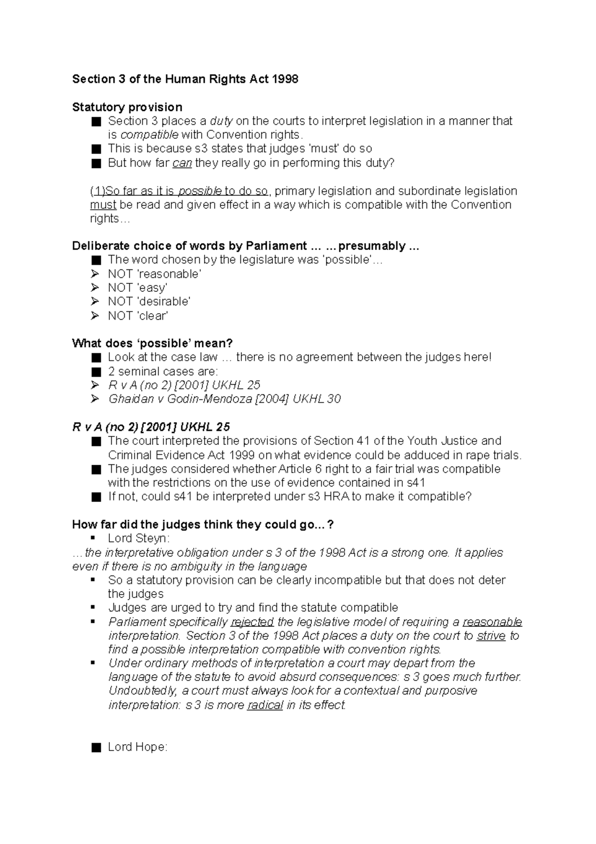 Analysis of Section 3 of the Human Rights Act 1998: Court ...