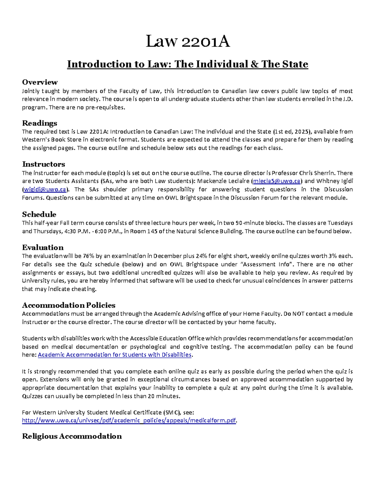 Law 2201A Course Outline: Introduction to Canadian Law Overview Fall ...