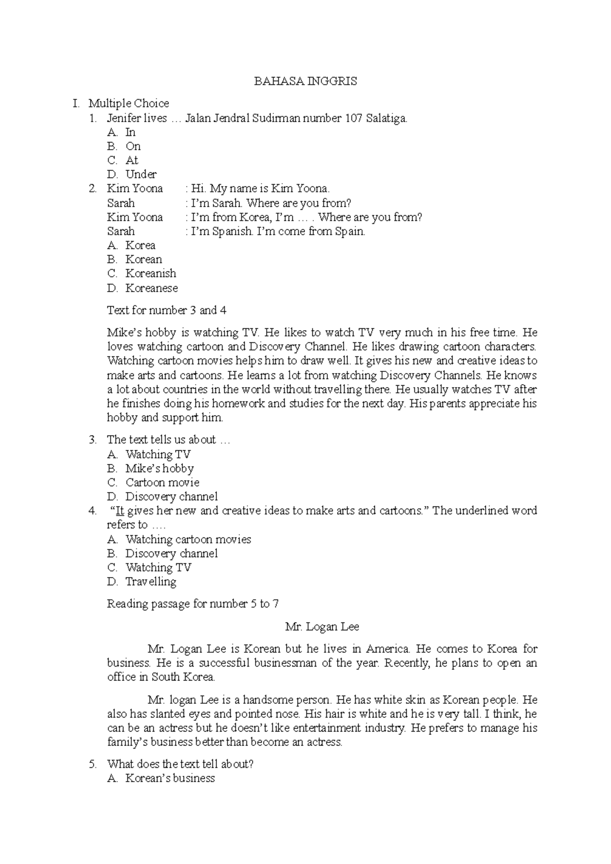 English Exercise 3: Reading Comprehension and Activities - Studocu
