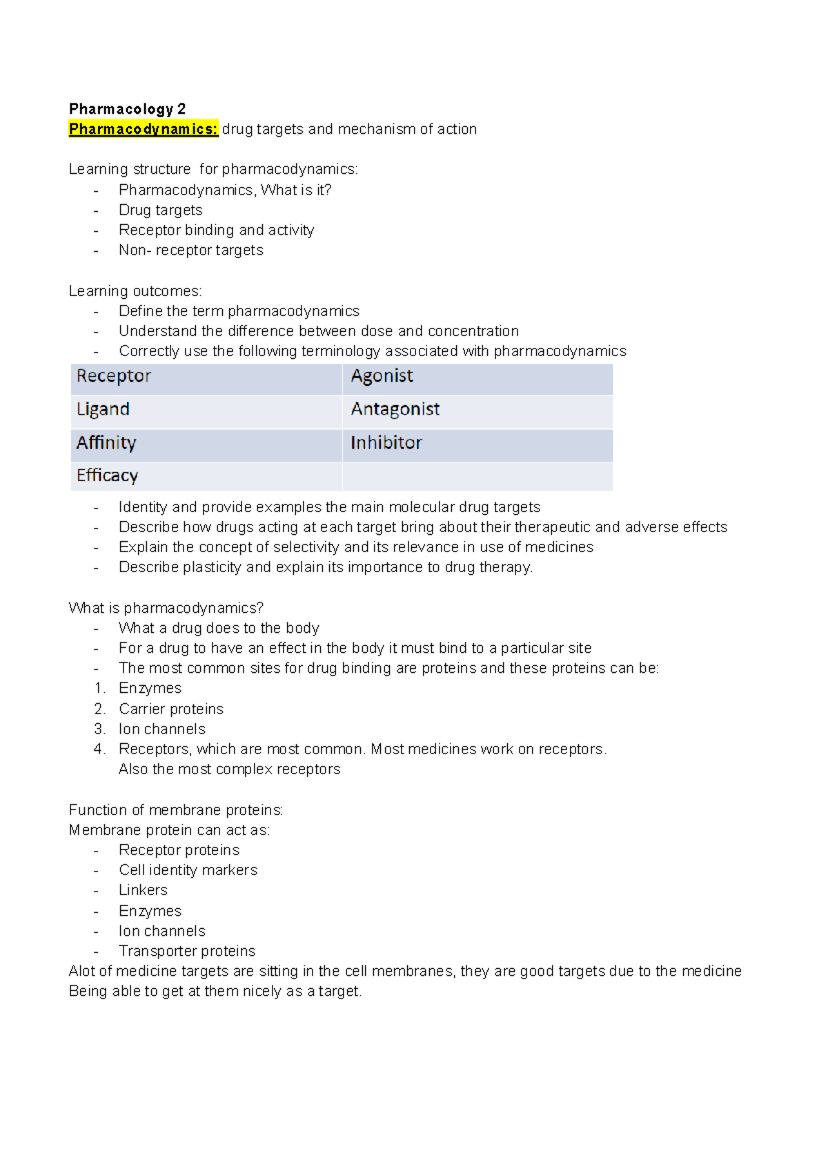 Pharmacology Lecture Notes: PHARMD 201 - Pharmacodynamics Overview ...
