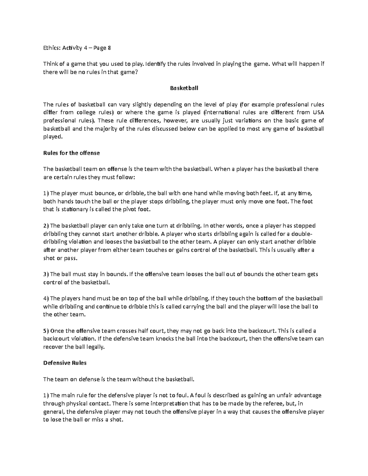 Ethics FBA 2 - Assignment: Understanding Basketball Rules - Studocu