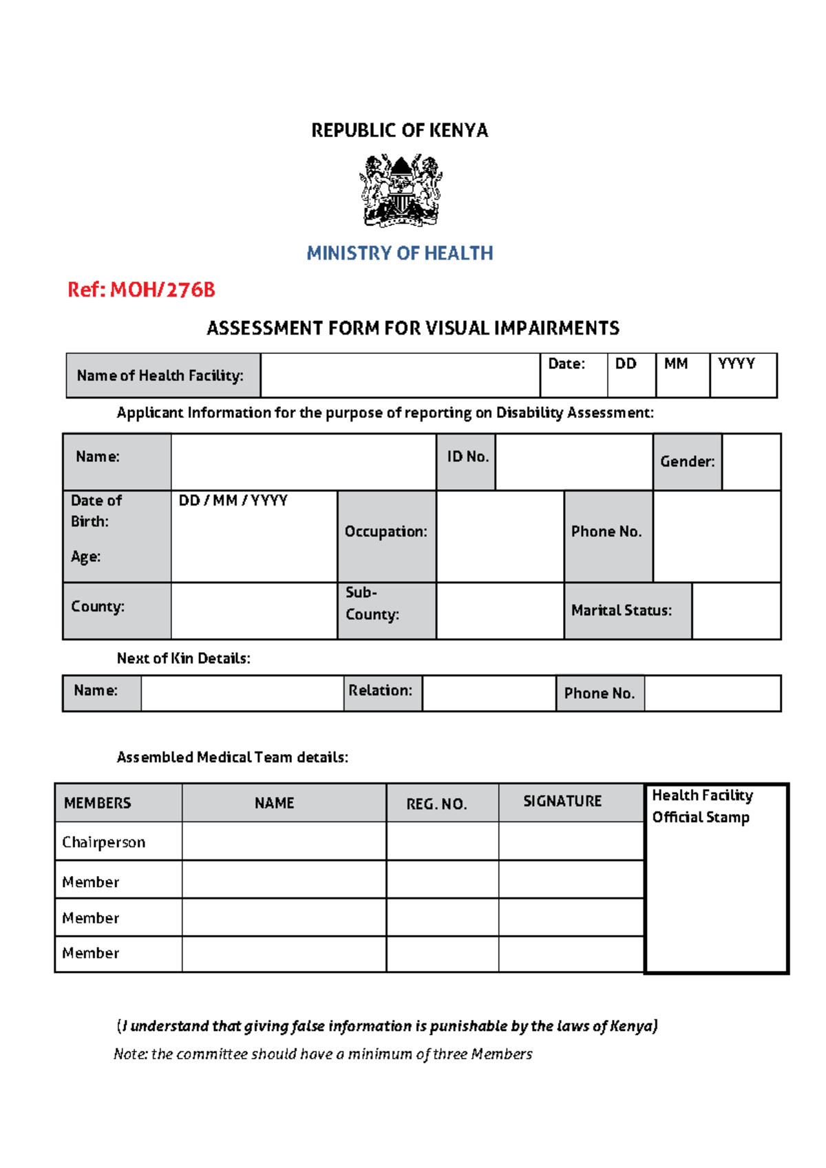 Ref: ASSESSMENT FORM FOR VISUAL IMPAIRMENTS - Refmoh-276B Notes - Studocu