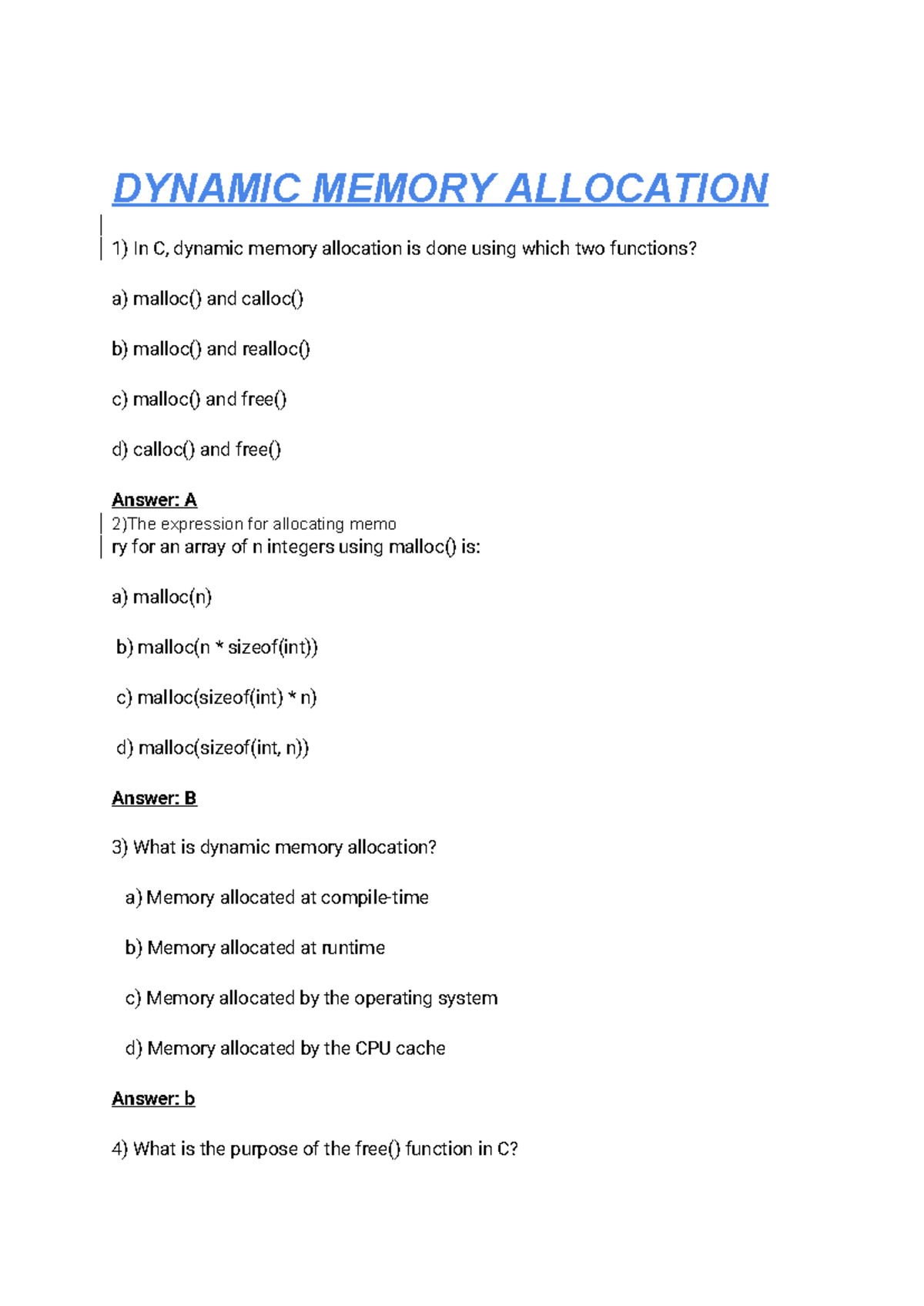DSA MCQ's on Dynamic Memory Allocation and Matrix Multiplication - Studocu