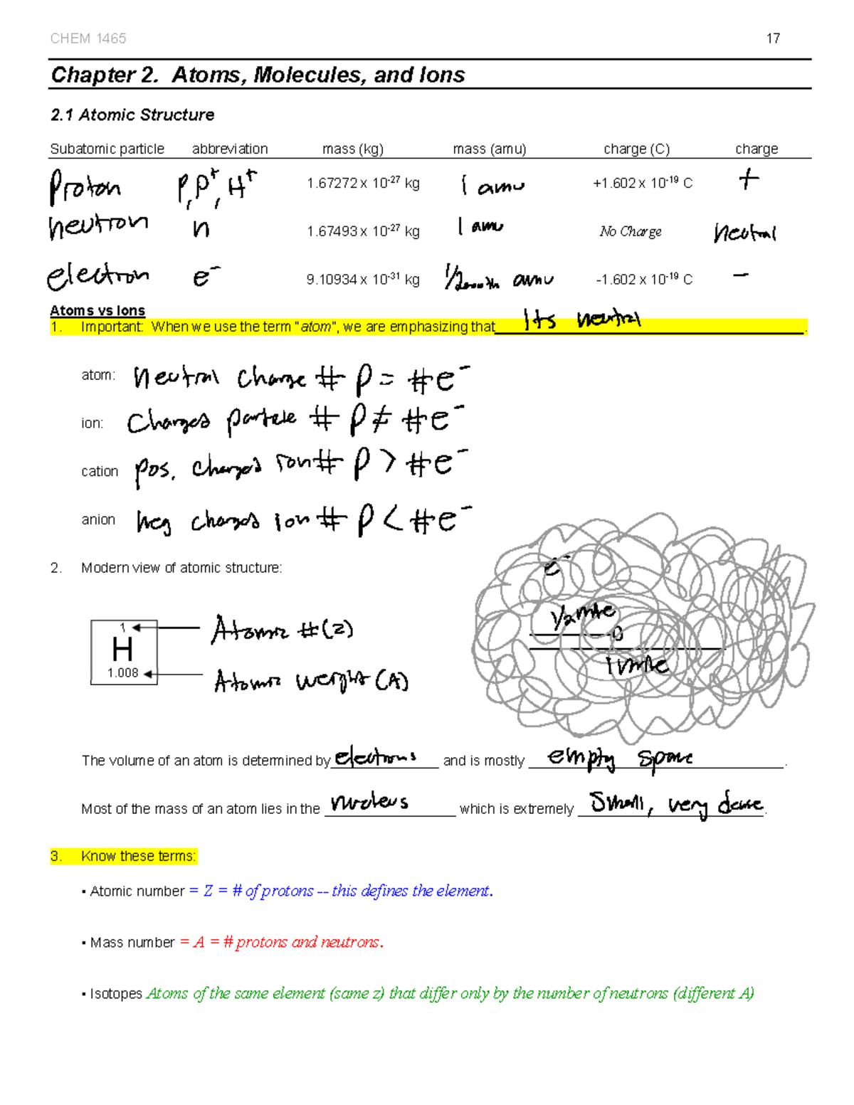 1465+Lecture+Notes+-+Ch+2 Blank - CHEM 1465 17 Chapter 2. Atoms ...