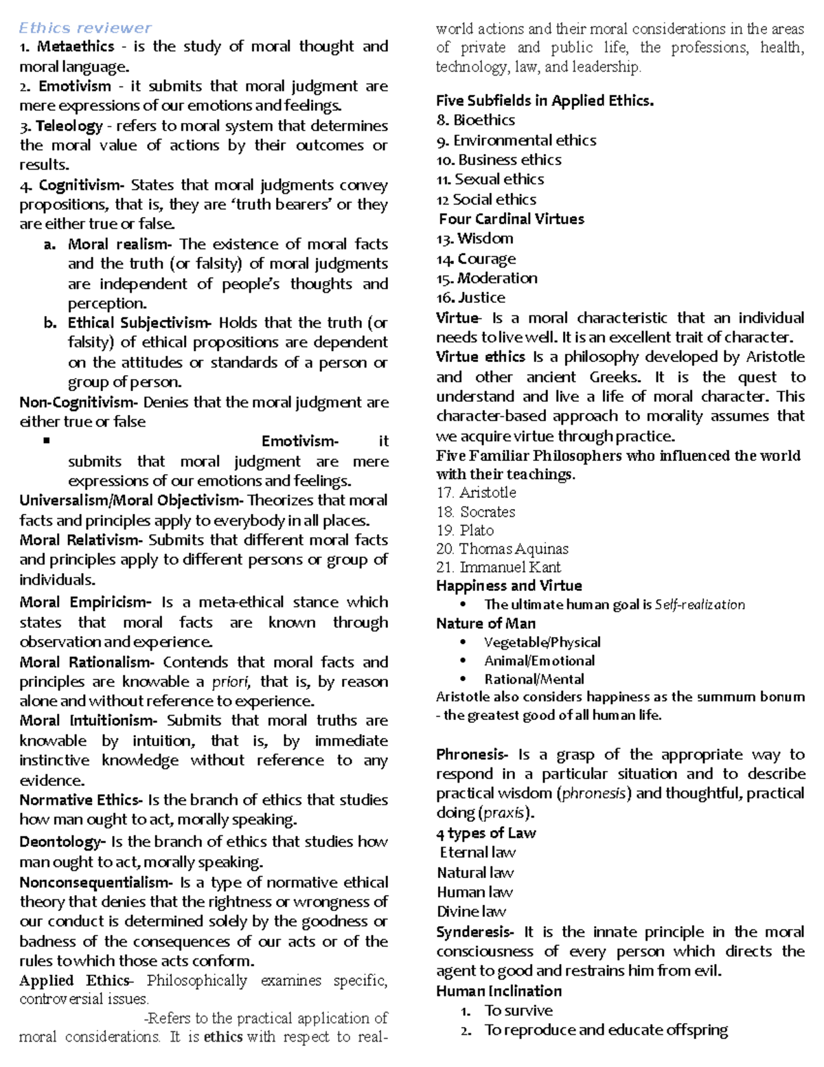 Ethics Review: Key Concepts and Theories in Ethical Philosophy - Studocu