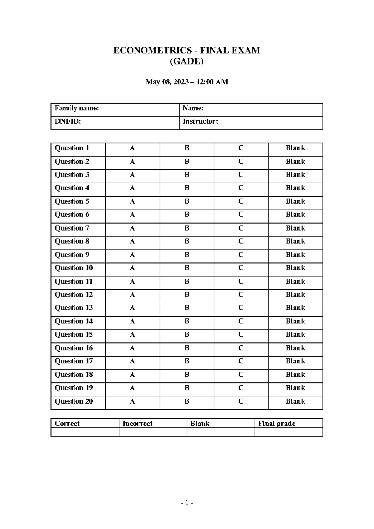 ECONOMETRICS FINAL EXAM (GADE) - May 08, 2023 - Question Breakdown ...
