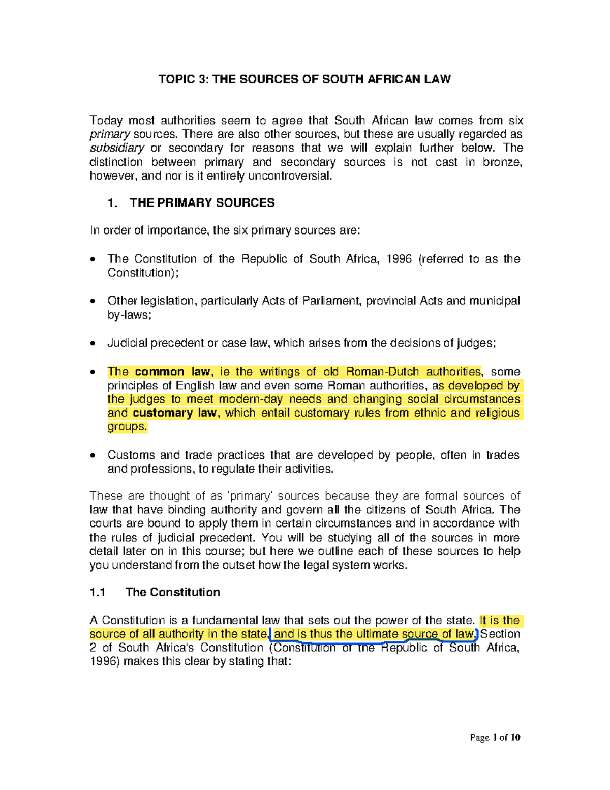 Sources of South African Law Notes (Topic 3) - Legal Framework Overview ...