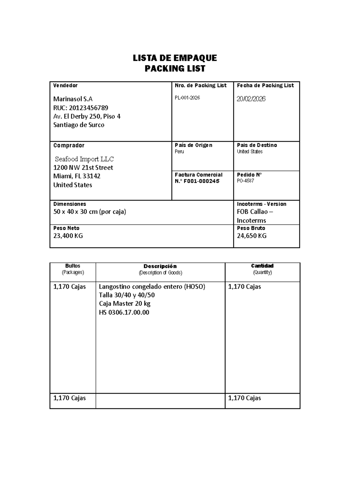 PL-001-2026 Packing List for Seafood Import LLC - Studocu