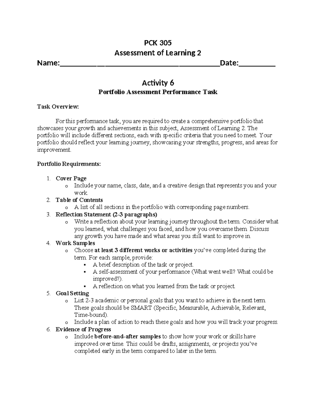 PCK 305 Activity 6: Portfolio Assessment Performance Task Guide - Studocu