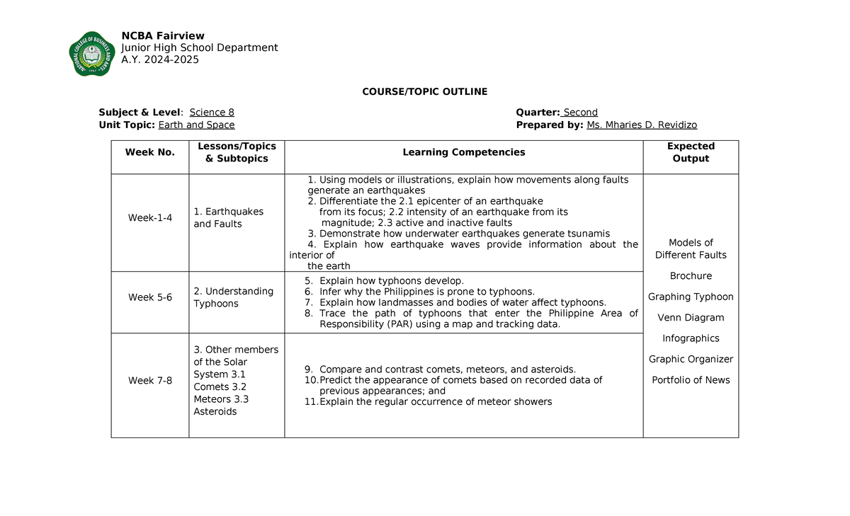 NCBA Science 8 Topic Outline: Earth & Space, Matter Units - Studocu