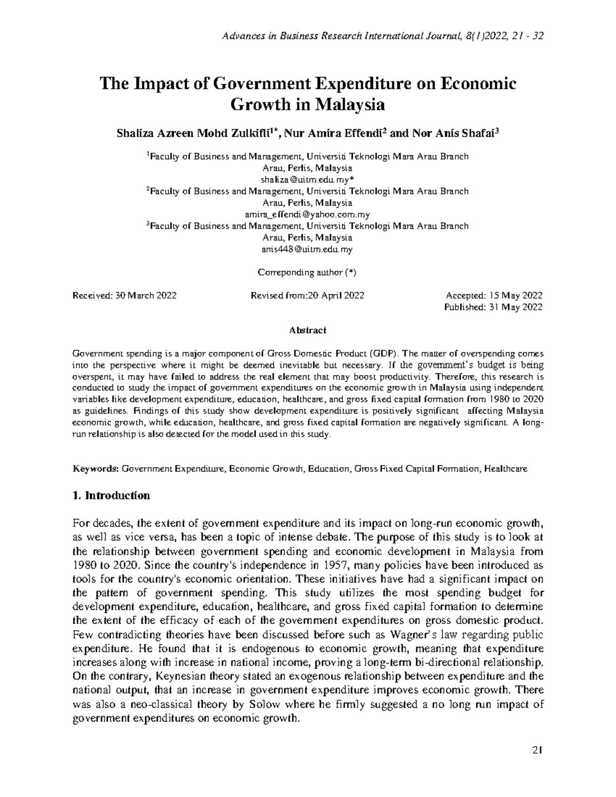 The Impact of Government Expenditure on Economic Growth in Malaysia ...