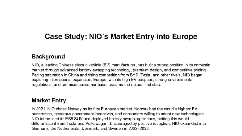 NIO Europe Case Study: Market Entry Challenges & Opportunities - Studocu