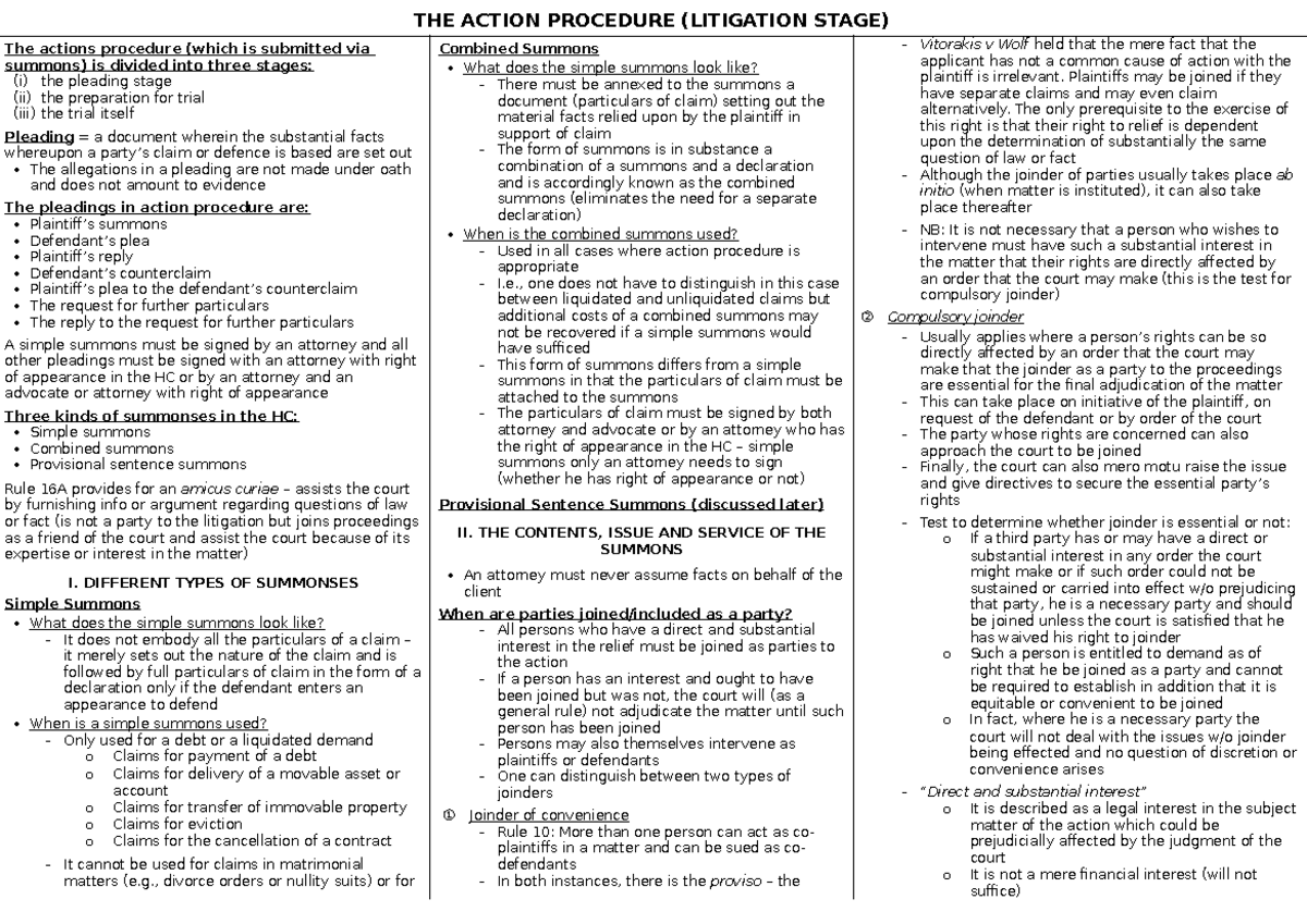 Action Proceedings in the High Court: Stages and Summons Types - Studocu