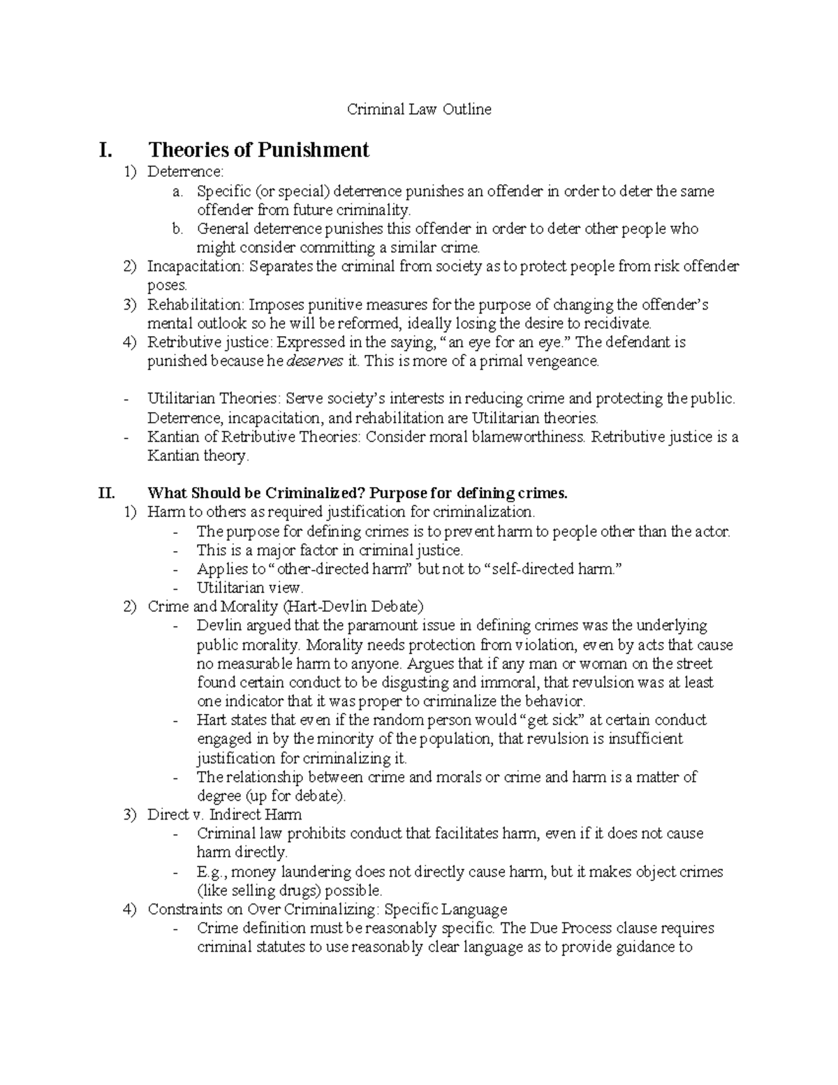 Criminal Law Outline (Course Code: CL101) - Theories of Punishment and ...