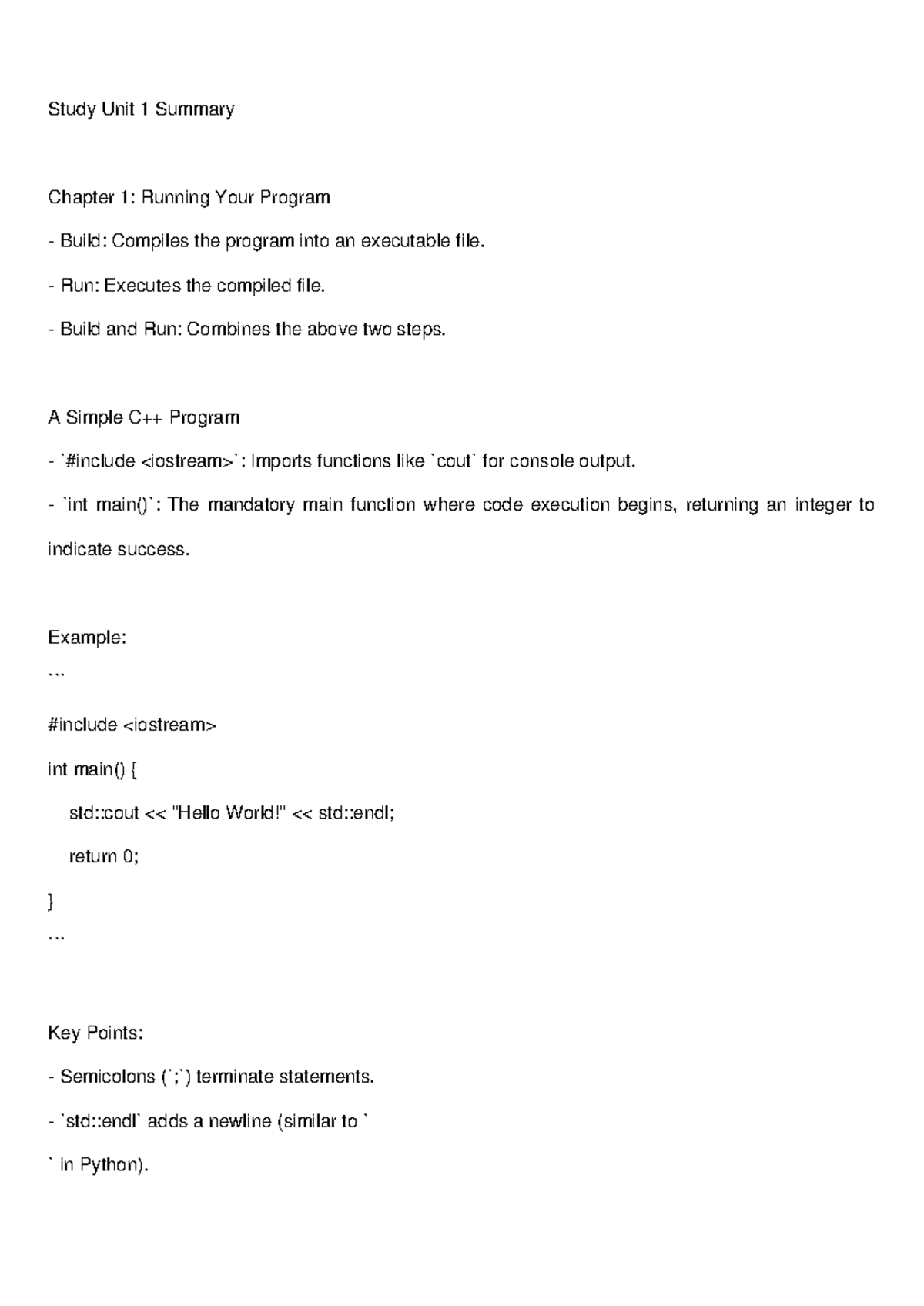 C++ Study Unit 1 Summary: Key Concepts & Examples for Beginners - Studocu