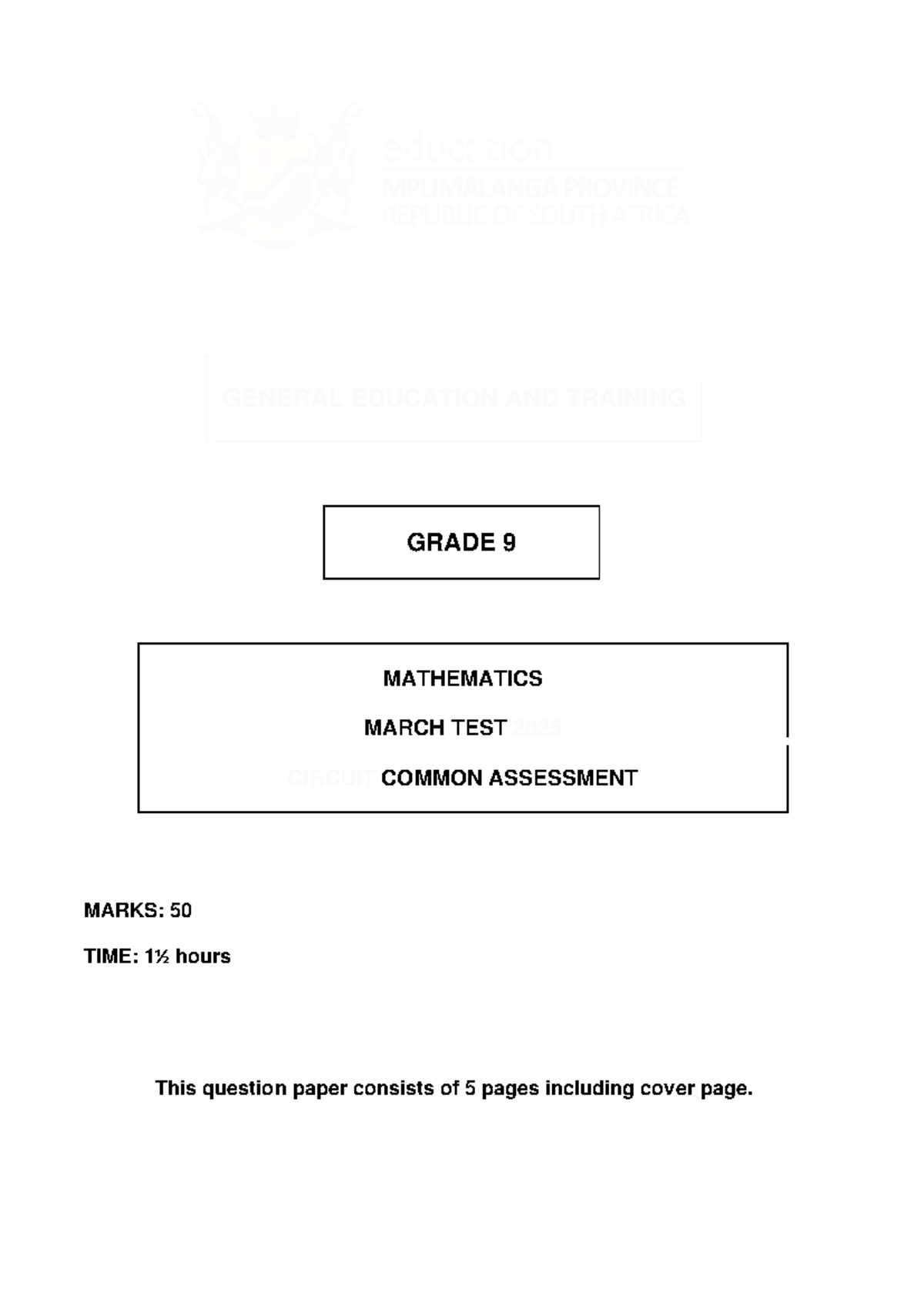 G9 Mathematics March Test 2025: Common Assessment (Marks: 50) - Studocu