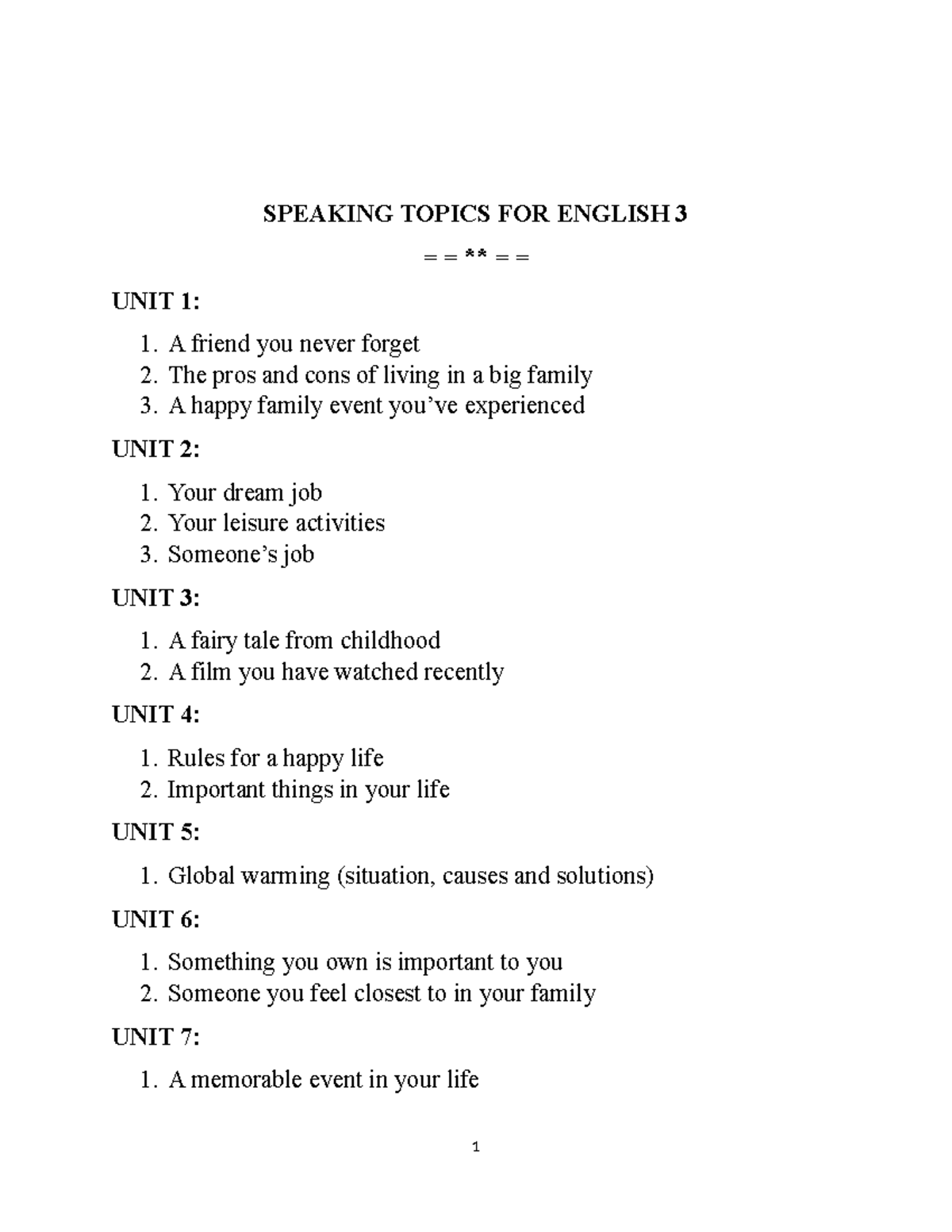 Speaking Topics for English 3: Engaging Discussion Prompts - Studocu