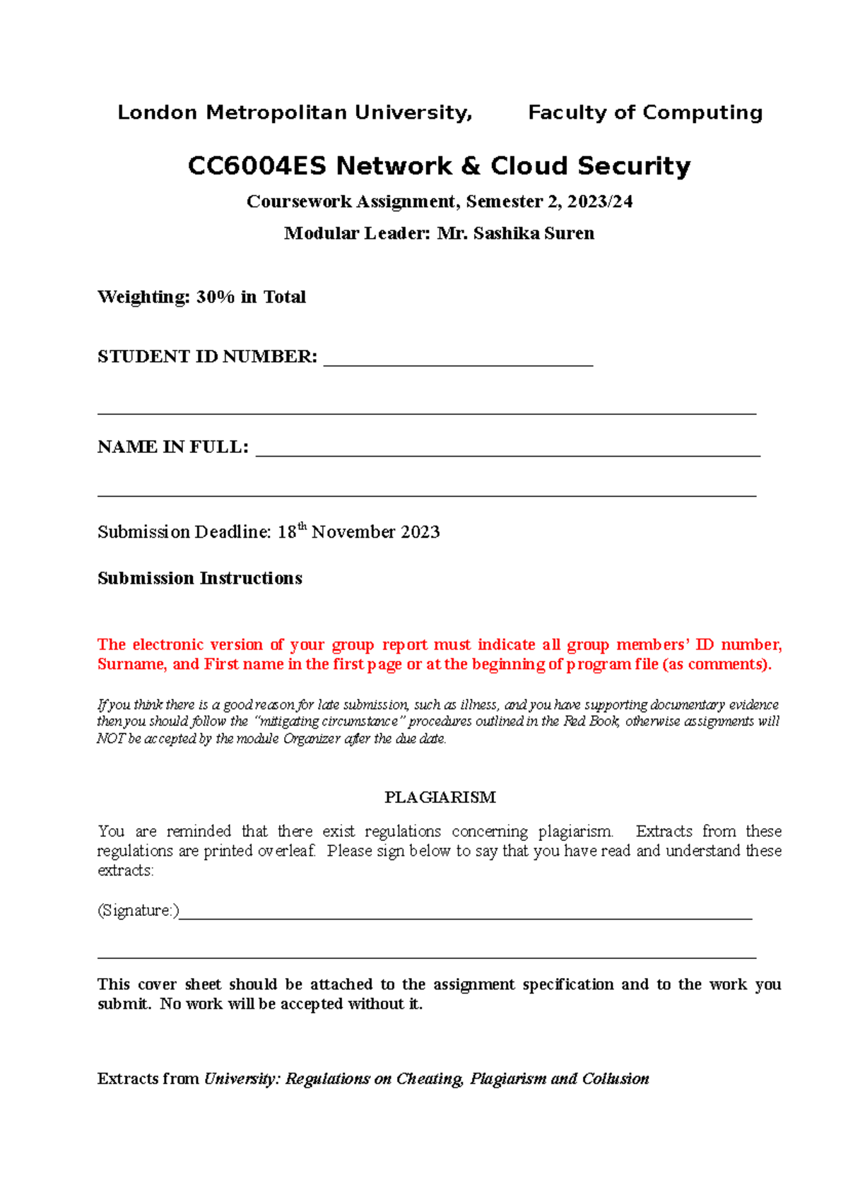 CC6004ES Network & Cloud Security - Coursework 2 Guidelines 2023 - Studocu