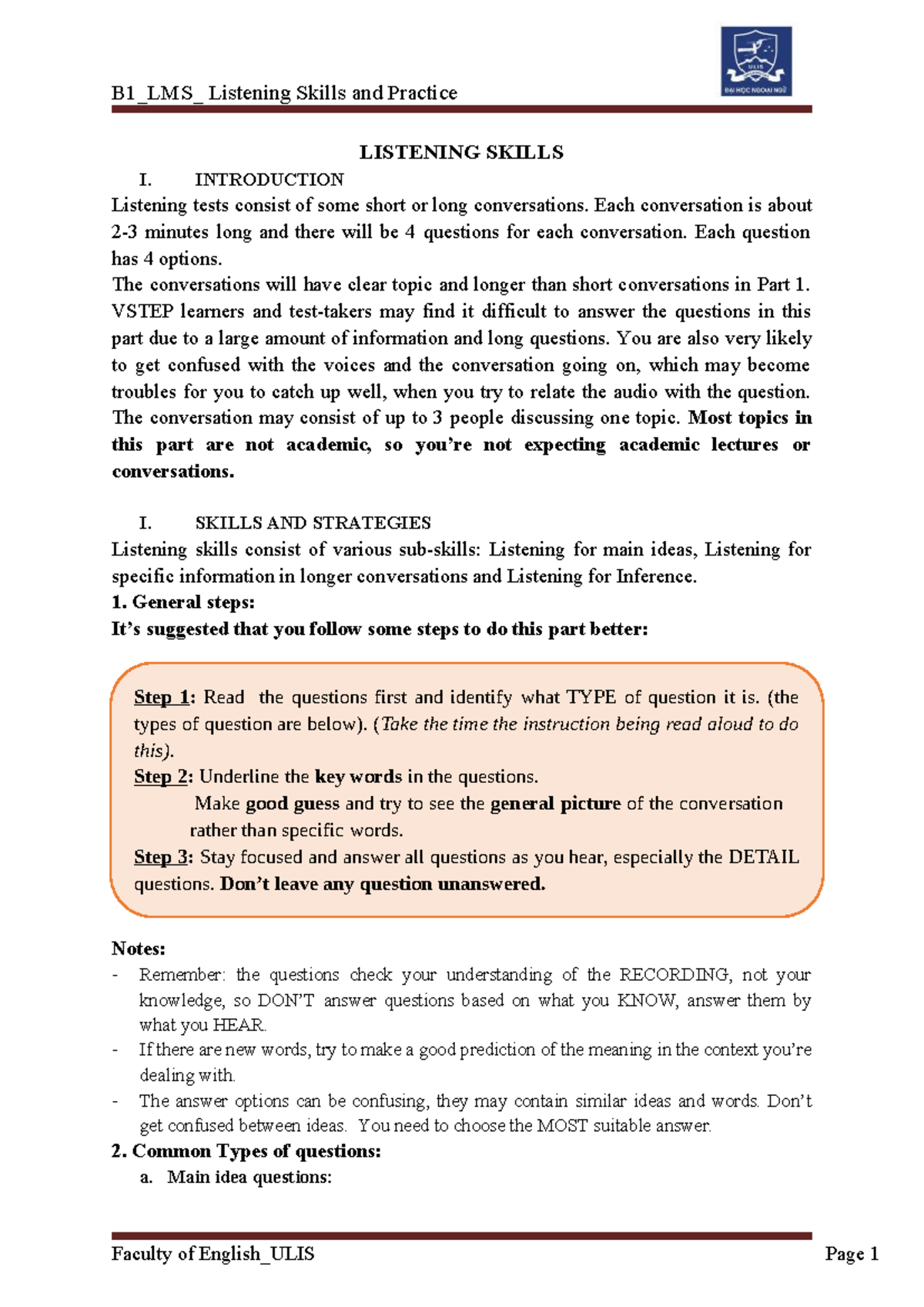 B1_LMS Listening Skills Practice: Strategies and Question Types - Studocu