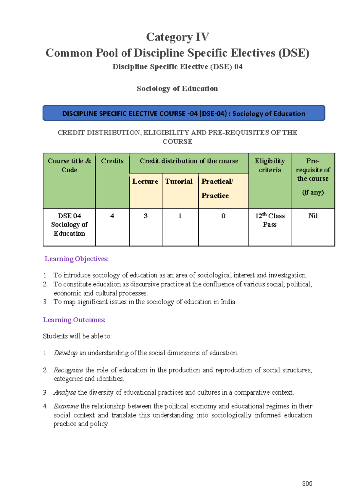 DSE 04 Sociology of Education Syllabus and Course Outline - Studocu