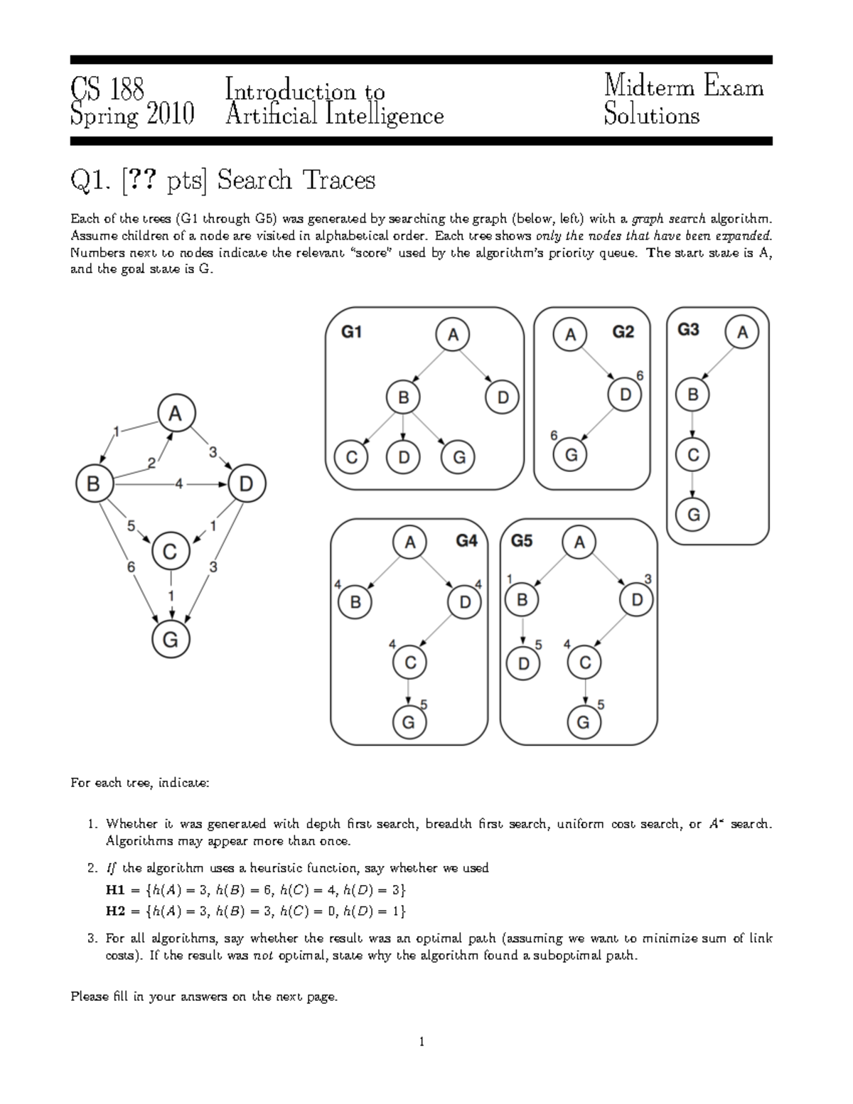 CS 188 SP10 Midterm Exam Solutions on Graph Search Algorithms - Studocu