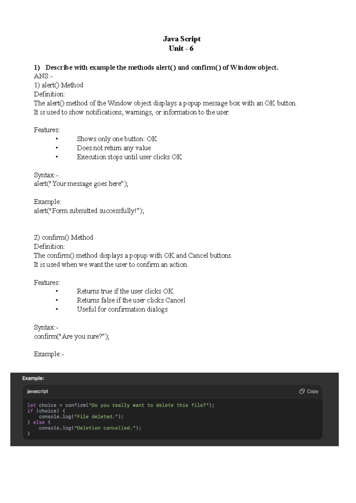 JavaScript Unit 6: Window Object Methods & Form Handling Insights - Studocu