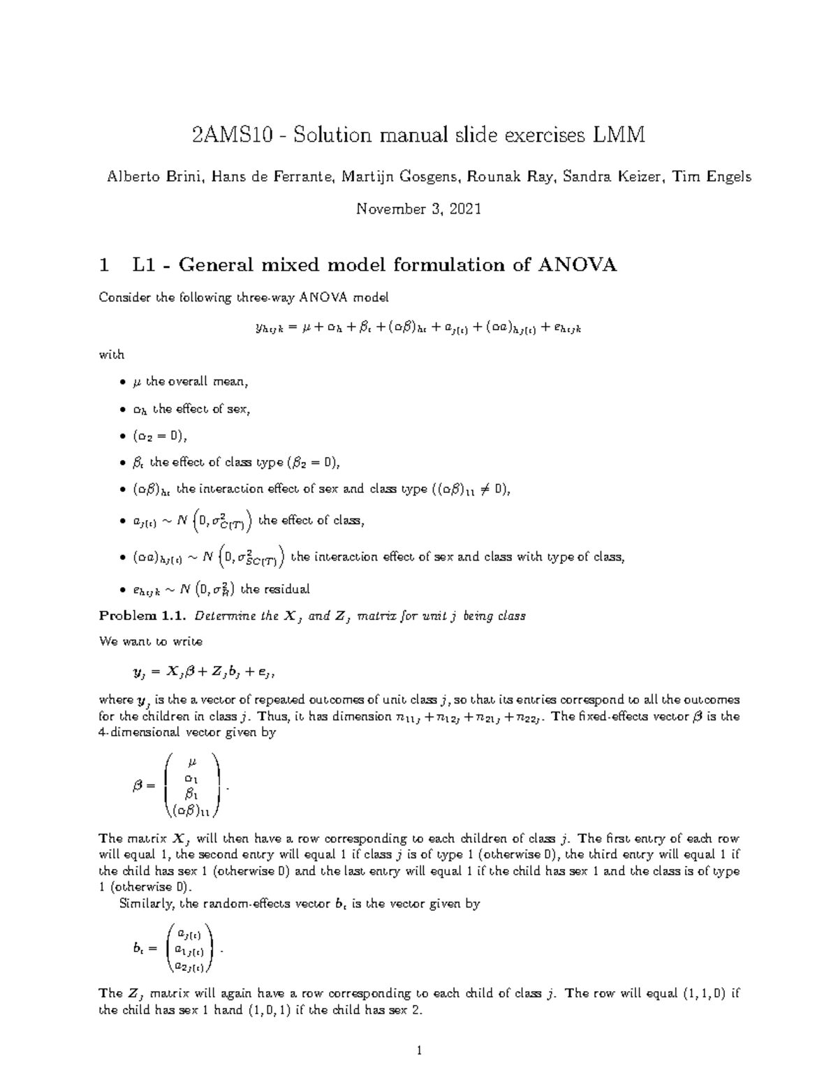 2AMS10 - LMM Mixed Effects Model Solutions and Analysis - Studeersnel
